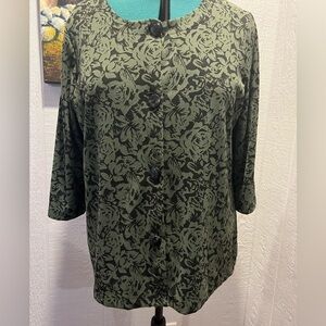 JACLYN SMITH size xl floral button up top 3/4 sleeve black and green